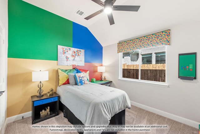 carpeted bedroom with visible vents, baseboards, a ceiling fan, and vaulted ceiling