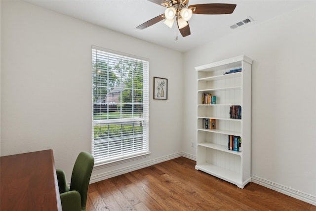 2605 Owl Creek Dr, Plano, TX 75025 - unfurnished office featuring visible vents, baseboards, a ceiling fan, and wood finished floors