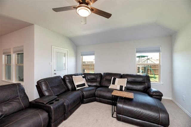 9449 Firedog Dr, Fort Worth, TX 76131 - carpeted living room with lofted ceiling and a ceiling fan