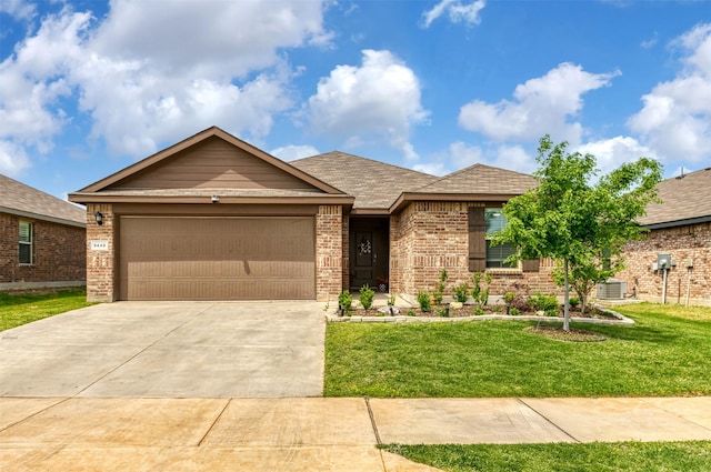 9449 Firedog Dr, Fort Worth, TX 76131 - ranch-style home with brick siding, an attached garage, concrete driveway, a front lawn, and central air condition unit