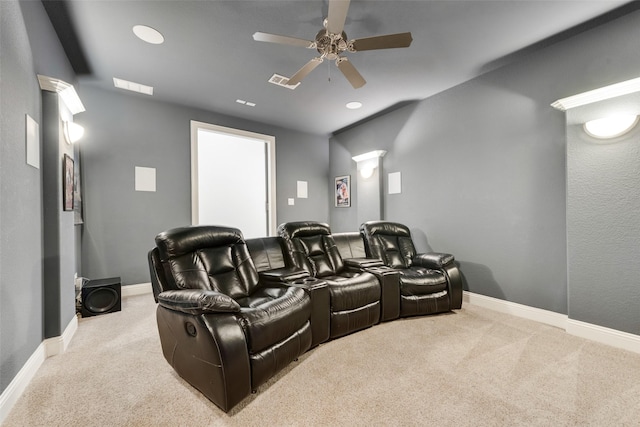 carpeted cinema featuring baseboards, a ceiling fan, recessed lighting, and visible vents