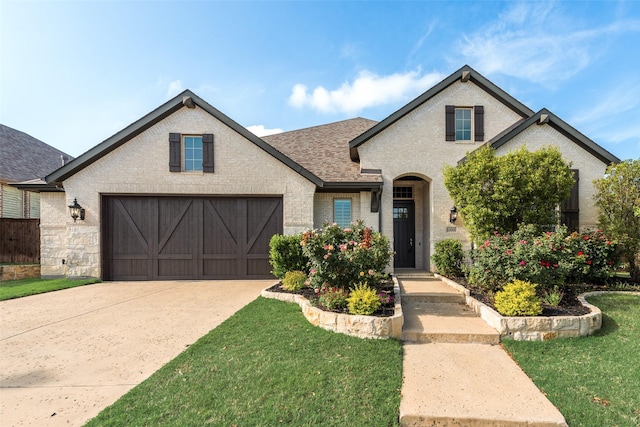 french provincial home featuring driveway, roof with shingles, brick siding, a front lawn, and an attached garage