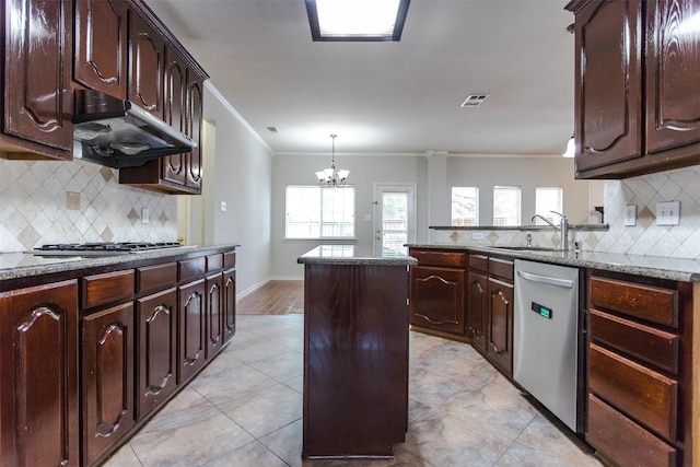 1314 Kingsley Ct, Allen, TX 75013 - kitchen featuring ornamental molding, a kitchen island, under cabinet range hood, stainless steel dishwasher, and a sink