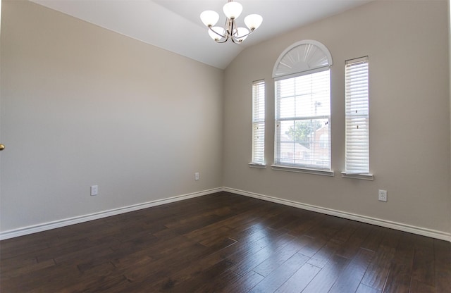 1314 Kingsley Ct, Allen, TX 75013 - unfurnished room with baseboards, dark wood-style floors, a chandelier, and lofted ceiling