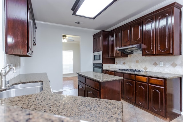 1314 Kingsley Ct, Allen, TX 75013 - kitchen with visible vents, a sink, under cabinet range hood, stainless steel appliances, and light tile patterned flooring