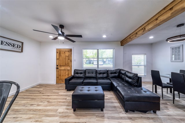 3452 Antilles Dr, Mesquite, TX 75150 - living room with recessed lighting, ceiling fan, light wood-type flooring, baseboards, and beamed ceiling