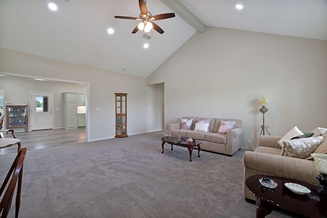 carpeted living room featuring beam ceiling, high vaulted ceiling, ceiling fan, and recessed lighting