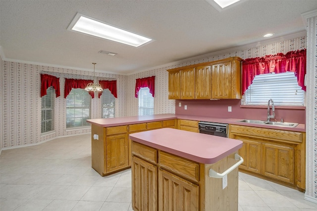 kitchen featuring wallpapered walls, a center island, a sink, and black dishwasher