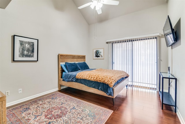 1028 Signal Ridge Pl, Rockwall, TX 75032 - bedroom featuring ceiling fan, wood finished floors, high vaulted ceiling, and baseboards