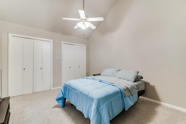 1028 Signal Ridge Pl, Rockwall, TX 75032 - carpeted bedroom with baseboards, a ceiling fan, two closets, and vaulted ceiling