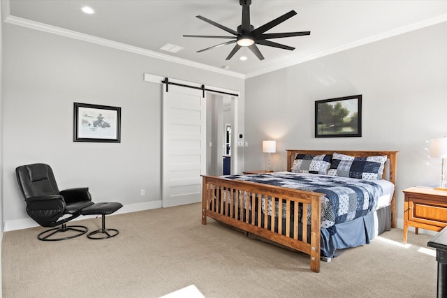 bedroom with a barn door, light carpet, crown molding, and recessed lighting