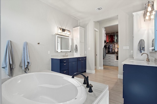 bathroom featuring a walk in closet, two vanities, a sink, and a bathtub