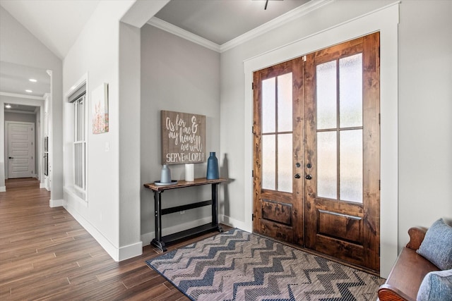 foyer with wood finished floors, french doors, a healthy amount of sunlight, and baseboards