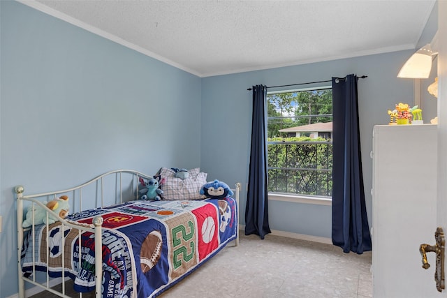 1803 Michael Ct, Arlington, TX 76010 - tiled bedroom featuring ornamental molding, a textured ceiling, and baseboards