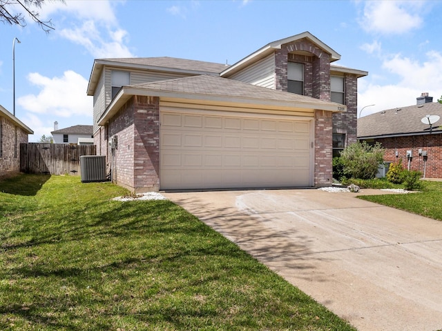 view of front of property featuring fence, a front lawn, brick siding, an attached garage, and concrete driveway