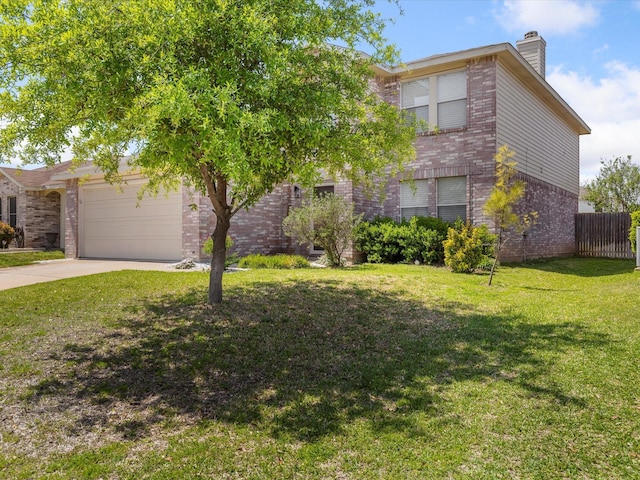 view of property hidden behind natural elements featuring driveway, an attached garage, a front yard, brick siding, and fence