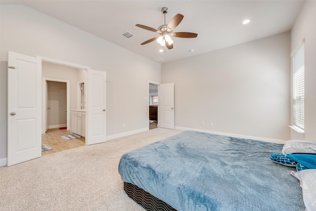 bedroom with light colored carpet, baseboards, visible vents, and recessed lighting