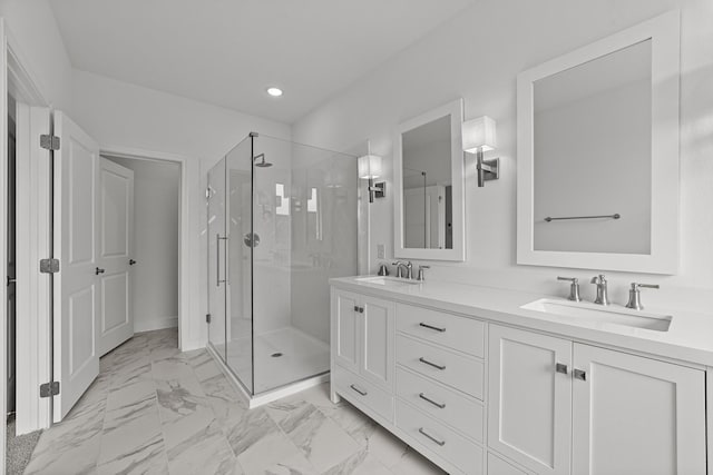 3616 Hickory St, Sherman, TX 75092 - bathroom with a shower stall, recessed lighting, double vanity, and marble finish flooring