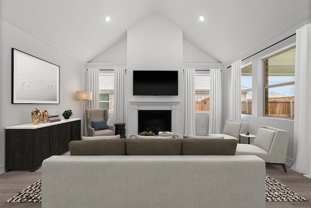 3616 Hickory St, Sherman, TX 75092 - living room featuring a fireplace, light wood-type flooring, recessed lighting, and high vaulted ceiling