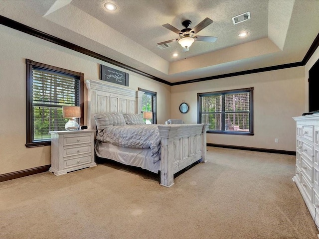 194 Royal Pnes, Lufkin, TX 75904 - bedroom with a raised ceiling, light colored carpet, crown molding, baseboards, and a textured ceiling