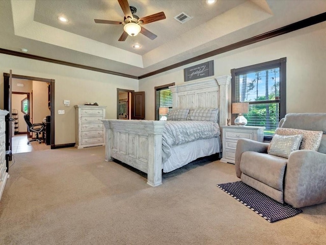 194 Royal Pnes, Lufkin, TX 75904 - bedroom featuring a tray ceiling, light carpet, recessed lighting, baseboards, and ceiling fan