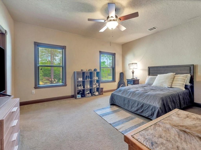 194 Royal Pnes, Lufkin, TX 75904 - bedroom featuring carpet floors, multiple windows, a textured ceiling, baseboards, and ceiling fan