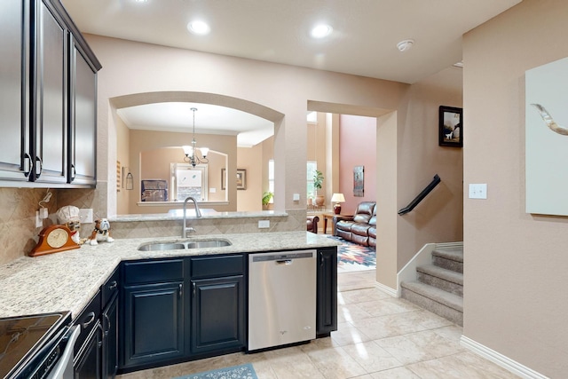 6948 Carrington Ln, Fort Worth, TX 76137 - kitchen featuring tasteful backsplash, a peninsula, electric stove, dishwasher, and a sink