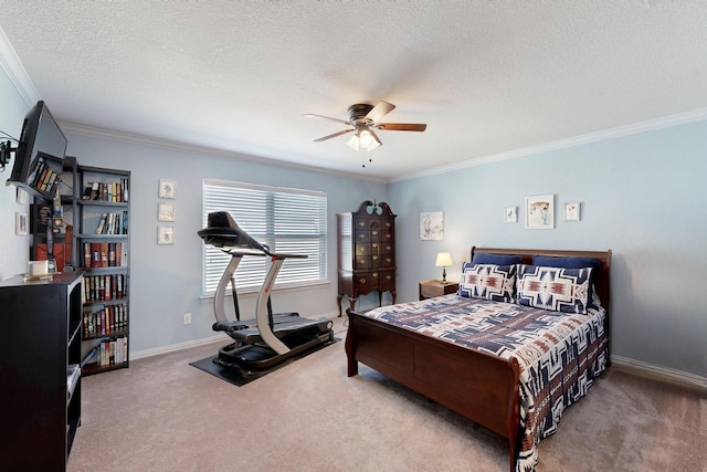 6948 Carrington Ln, Fort Worth, TX 76137 - carpeted bedroom with baseboards, a textured ceiling, ornamental molding, and ceiling fan