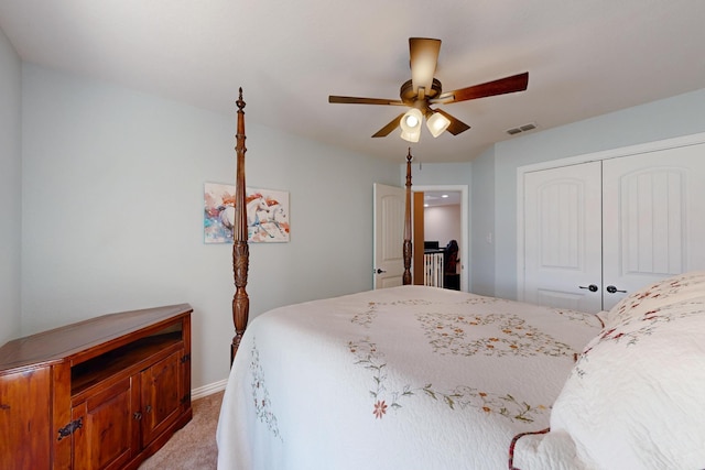 6948 Carrington Ln, Fort Worth, TX 76137 - bedroom with a closet, a ceiling fan, visible vents, light carpet, and baseboards