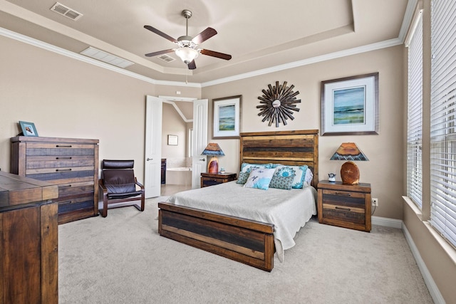 4304 Caney Creek Cir, Celina, TX 75078 - bedroom with carpet flooring, crown molding, visible vents, and a raised ceiling