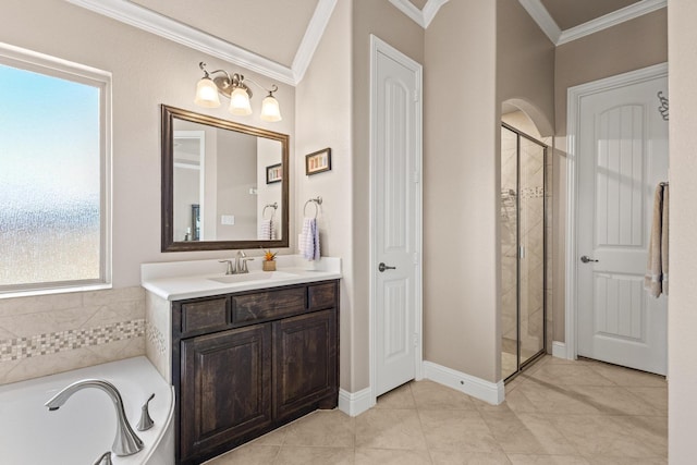 4304 Caney Creek Cir, Celina, TX 75078 - full bathroom with crown molding, a stall shower, a bath, and tile patterned floors