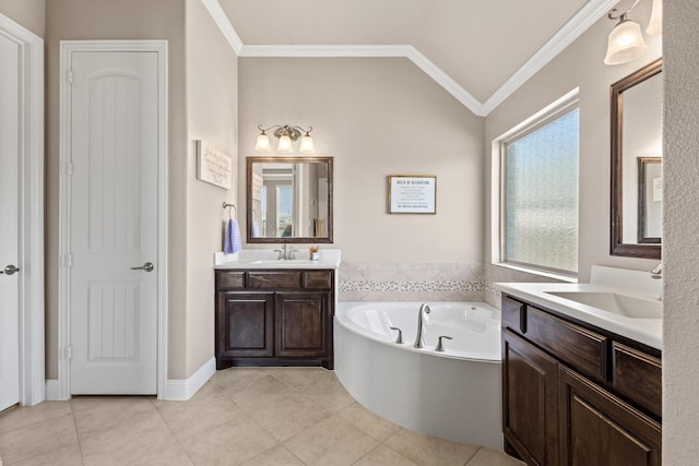 4304 Caney Creek Cir, Celina, TX 75078 - full bath with a garden tub, two vanities, a sink, and vaulted ceiling