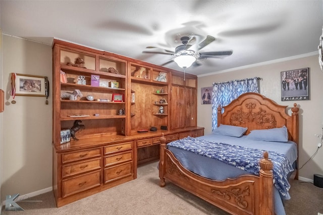 bedroom featuring ornamental molding, ceiling fan, light colored carpet, and baseboards