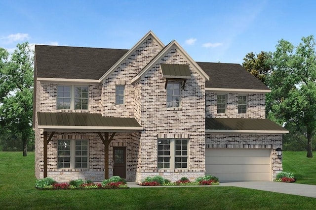 213 Pilot Dr, Caddo Mills, TX 75135 - view of front facade featuring a garage, brick siding, driveway, and a front lawn