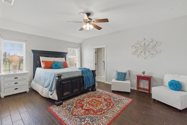 202 Hill Valley Dr, Stephenville, TX 76401 - bedroom featuring ceiling fan, visible vents, wood finished floors, lofted ceiling, and baseboards