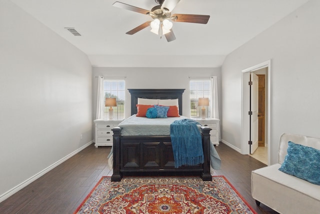 202 Hill Valley Dr, Stephenville, TX 76401 - bedroom with dark wood-type flooring, visible vents, multiple windows, and vaulted ceiling