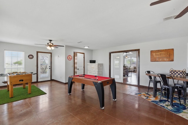 202 Hill Valley Dr, Stephenville, TX 76401 - game room featuring visible vents, ceiling fan, baseboards, and pool table