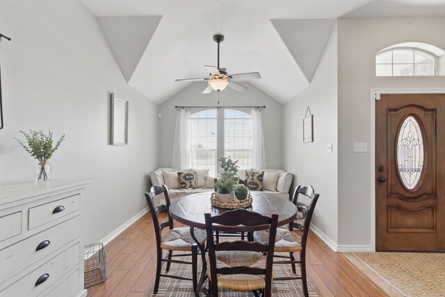 202 Hill Valley Dr, Stephenville, TX 76401 - dining space featuring baseboards, vaulted ceiling, light wood-type flooring, and a ceiling fan
