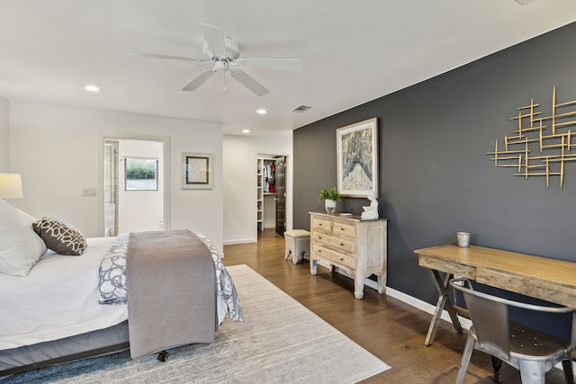 7342 Briar Rd, Azle, TX 76020 - bedroom featuring visible vents, baseboards, a walk in closet, recessed lighting, and wood finished floors