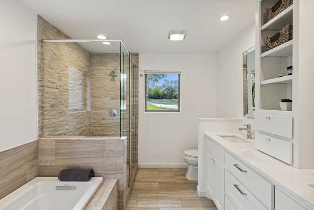 7342 Briar Rd, Azle, TX 76020 - bathroom with a bath, toilet, a shower stall, recessed lighting, and vanity