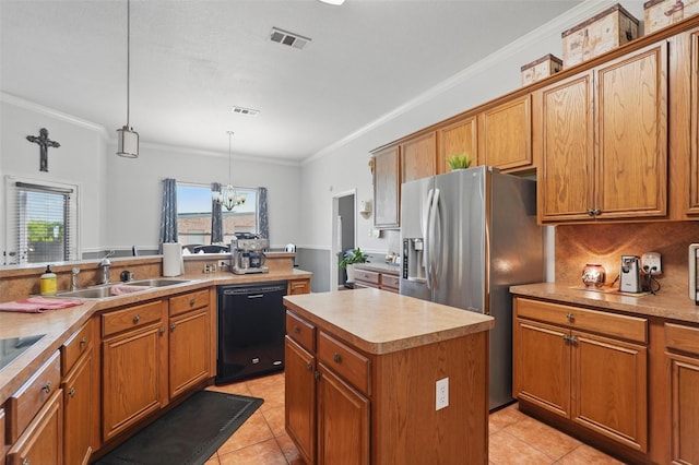 kitchen featuring dishwasher, visible vents, a sink, and light tile patterned flooring