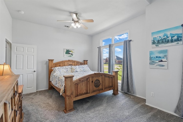 bedroom with visible vents, baseboards, dark carpet, and a ceiling fan