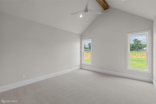 916 Aaron Ln, Benton, LA 71006 - unfurnished room with beamed ceiling, a ceiling fan, plenty of natural light, light colored carpet, and high vaulted ceiling