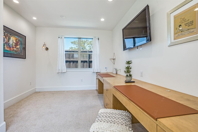 office area featuring baseboards, recessed lighting, and light colored carpet