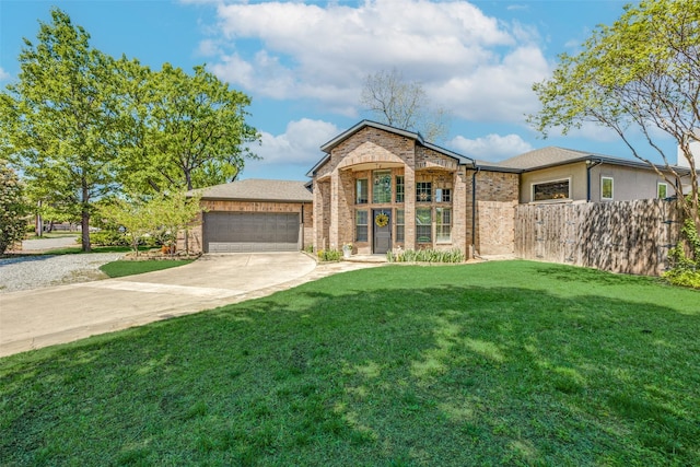 view of front facade featuring a front lawn, driveway, brick siding, and fence
