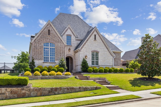 french provincial home with stone siding, fence, and a front yard