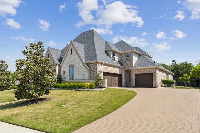 french country style house with decorative driveway, a garage, fence, a front yard, and brick siding