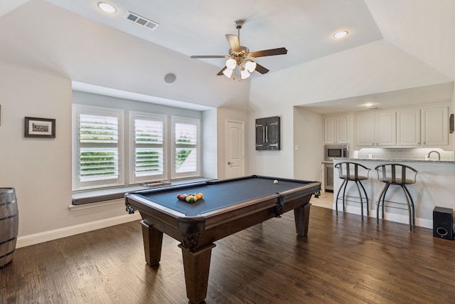recreation room featuring recessed lighting, visible vents, pool table, baseboards, and ceiling fan