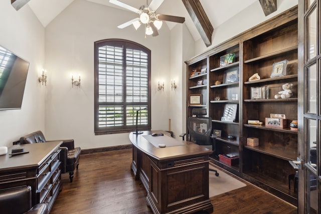 office featuring dark wood finished floors, vaulted ceiling, baseboards, and ceiling fan