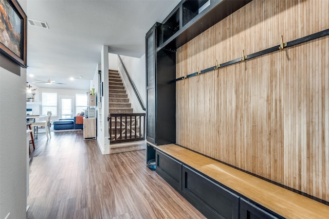 4737 Tanglewood Dr, Haltom City, TX 76137 - mudroom featuring wood finished floors, a ceiling fan, and visible vents